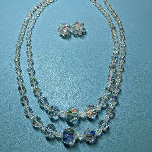 Vintatge Silvertone Aurora Borealis Double Strand Beaded Necklace with Earrings